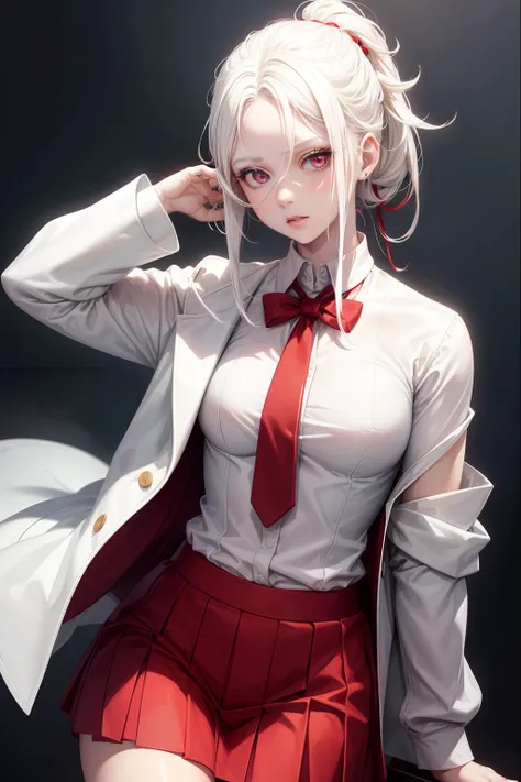 young woman, white colored hair, medium hair, hair tied up, albinism, red colored eyes, jojo pose, neutral face, school uniform