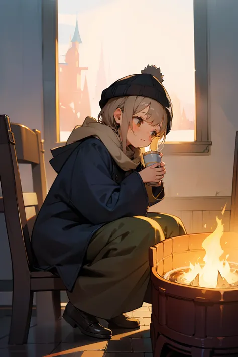 A little girl sitting by a cozy stove，When drinking tea，While sheltering from the cold。She wears a warm woolen hat，A long coat，and a scarf。Peaceful atmosphere，A soft glow illuminates the scene，Watercolor Painting Light Sense，fairytale-like，Fantasy bright b...