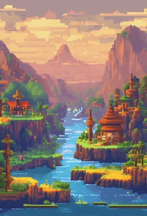 Pixel art tourism landscape. Evening. 3D pixel art 4K wallpaper. Incredible pixel art detail. Pixel art. Steam waves. Detailed Unreal Engine pixel art