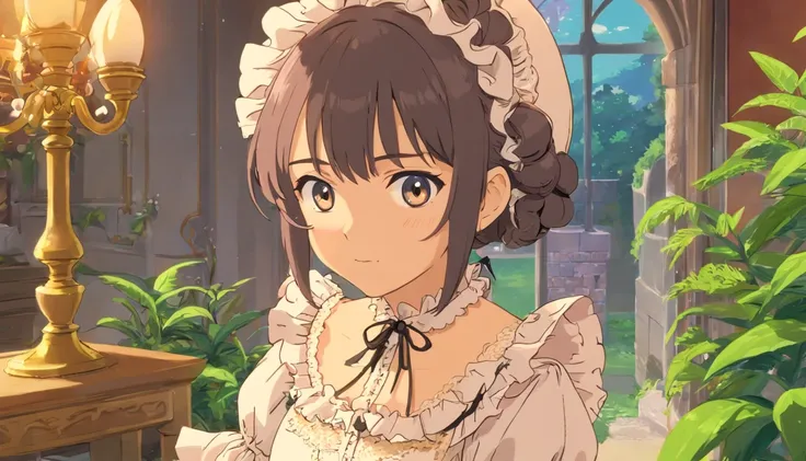 1girl, ruffled gothic lolita, vestido, (renda: 1.4), dinamic pose, (Face looking at the camera, close up: 0.9), indoors, plantas,