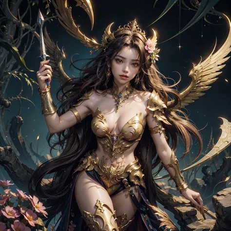 colorful, 1girl, armlet, breasts, floating hair, flower, lips, long hair, looking at viewer, medium breasts, golden armor, dagger, wings,