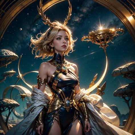 Image of Sagittarius，Sagittarius golden magical astrolabe，Sagittarius character in a starry costume，（The upper body is the image of the human body, The lower body is the body image of a horse），((Charming female character from Sagittarius:1.2),(Symbol of Sa...