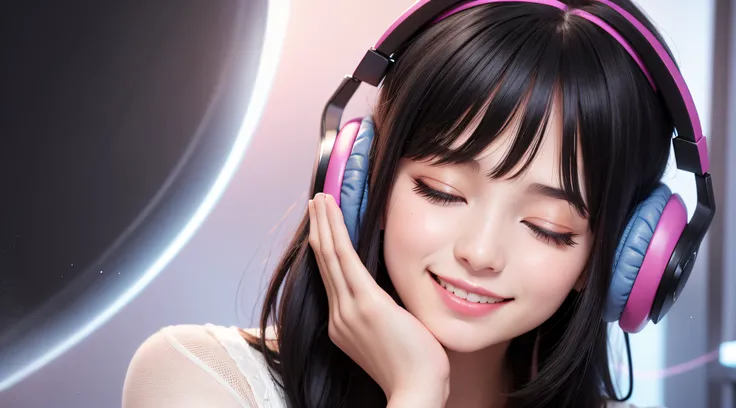 1 beautiful girl wearing headphones, smiling, hands on the headphones, brainwaves, colorful, frequencies around her, brain waves around, masterpiece, eyes closed, closed eyes, eyes shut, smile, magic particles around, magic particles, detailed particles, b...