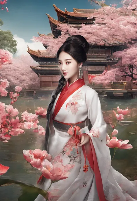 （Poster design），（（Lichun poster）），Spring flowers，chinese traditional architecture，，A woman wears Hanfu，Landscape of people，Chinese traditional style