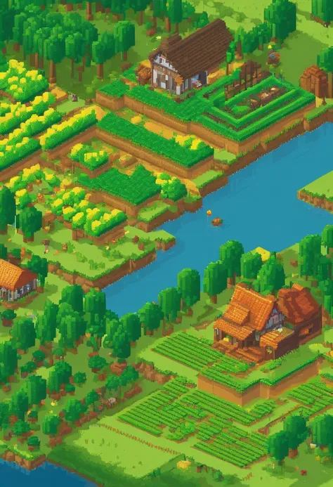 Pixel art tourism landscape. Evening. 3D pixel art 4K wallpaper. Incredible pixel art detail. Pixel art. Farmland farming.crops. Detailed Unreal Engine pixel art