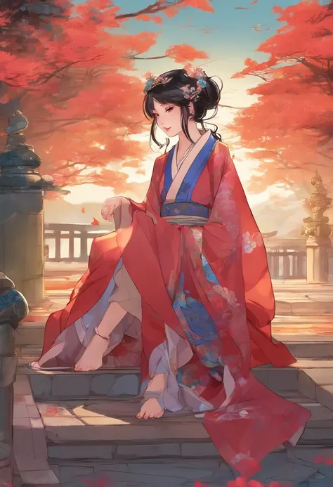 Anime girl in traditional costume sitting on a stone in front of holographic projector, Palace ， A girl in Hanfu, Guviz-style artwork, Guviz, style of anime4 K, A beautiful artwork illustration, Guweiz in Pixiv ArtStation, pixiv contest winner, Japanese ar...