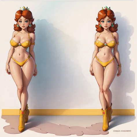 STICKER, A detailed illustration of a vivid Sexy Princess Daisy from Mario naked, bare breasts, face view, ass view, side by side, Solo Female, medium breasts, full cleavage, Full Body View, high heeled boots, legs apart, hands behind her body, vintage t-s...