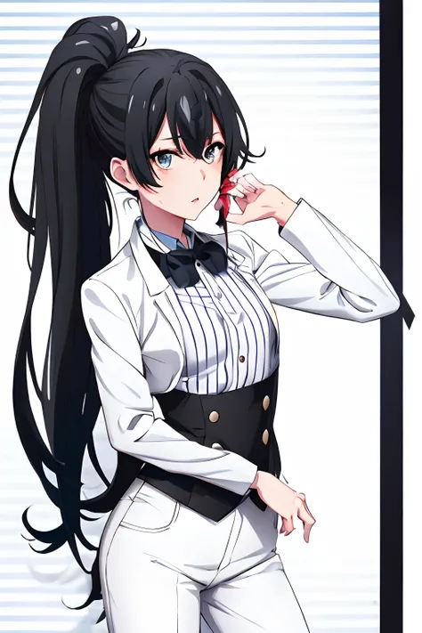 1Best Quality Girl,highres,ponytail ,white pants ,long  hair,1girl, Yukinoshita , Butler tail coat ,Black hair, eyes blue,Tail coat,striped,tight pants ,black shirt ,school background , looking at the scenes,Badass Butler, wallpaper, Princely Female