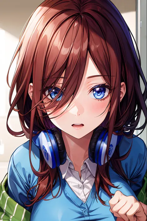 absurdres, best quality, 1girl, solo, eye focus, looking at viewer, Miku, Blue Cardigan, brown hair