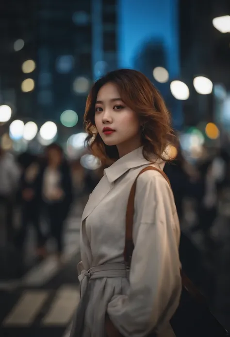 1girl, Tokyo street,night, cityscape,city lights, upper body,close-up, 8k, RAW photo, best quality, masterpiece,realistic, photo-realistic,