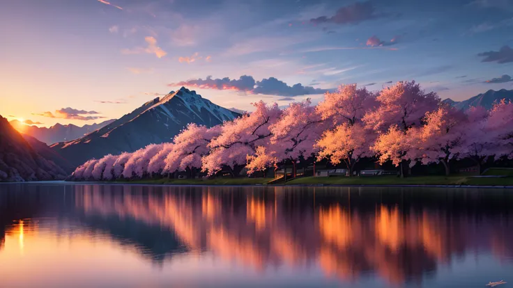 (masterpiece, best quality:1.2), ultra detailed, cinematic lighting, HDR, ilustration,  landsape,  sunrise,  cherry blossom, impressive, chill, inspirational,