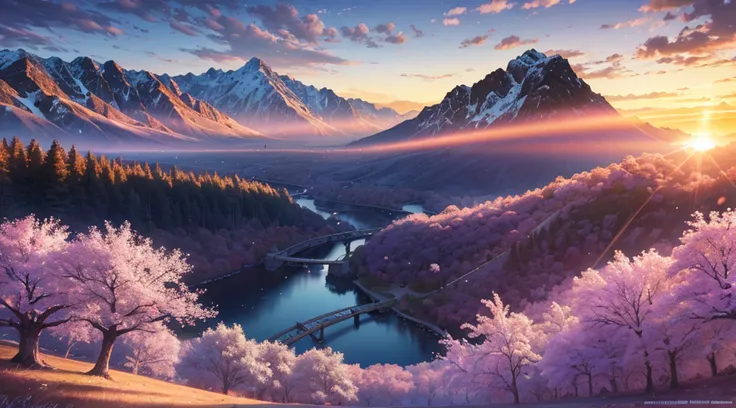 (masterpiece, best quality:1.2), ultra detailed, cinematic lighting, HDR, ilustration, landsape, sunrise, cherry blossom, impressive, chill, inspirational,