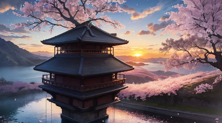 (masterpiece, best quality:1.2), ultra detailed, cinematic lighting, HDR, ilustration, landsape, sunrise, cherry blossom, impressive, chill, inspirational,