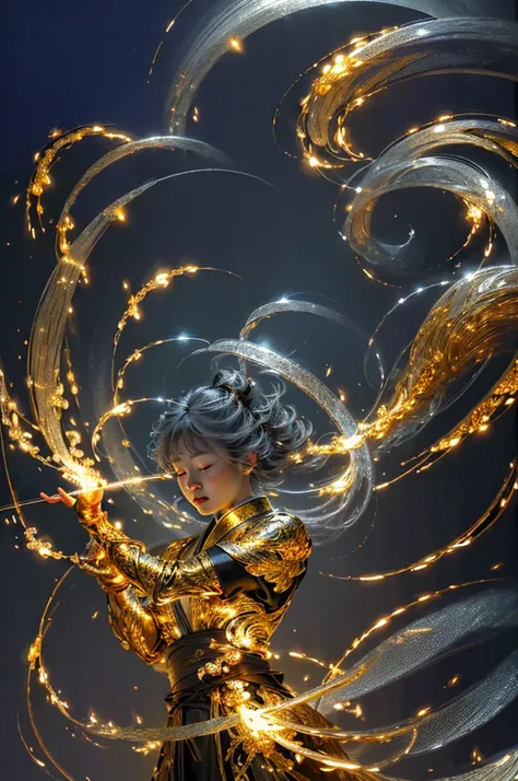 Best quality,masterpiece,ultra high res,solo,1girl, ,roujinzhi,Chinese Zen style,impactful picture,translucent and glowing metallic patterns,(glowing metal objects hovering in the air and surrounding him:1.2),(Electric arcs and sparks:1.2),(flow of energy:...