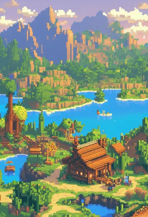 Pixel art tourism landscape. Evening. 3D pixel art 4K wallpaper. Incredible pixel art detail. Pixel art. The snow melts.it´s spring.full of life. Detailed Unreal Engine pixel art