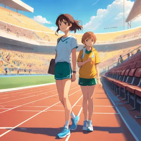 Descreva uma cena em que um alto, Athletics coach stands next to a girl who is sitting in the bleachers, observando atentamente alguns atletas correndo na pista de atletismo. The coach is remarkably tall, Standing out from the crowd. She wears typical snea...