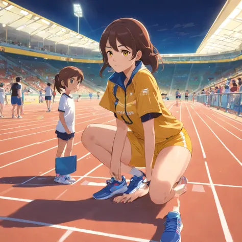 Descreva uma cena em que um alto, Athletics coach stands next to a girl who is sitting in the bleachers, observando atentamente alguns atletas correndo na pista de atletismo. The coach is remarkably tall, Standing out from the crowd. She wears typical snea...