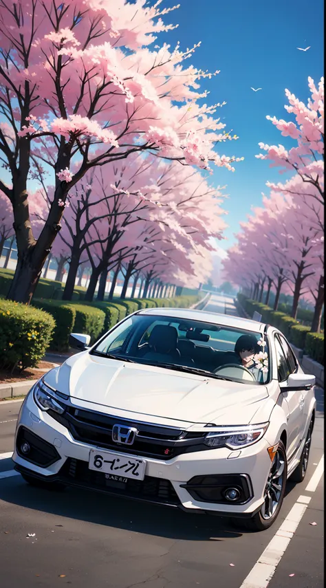 red honda civic, pretty scenery, sakura, masterpiece, 8k