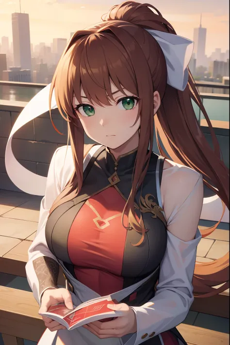 ddlcmonika, ddlcmonika, fullbody, blunt bangs, brown hair, (green eyes:1.5), long hair, ponytail, ribbon, white ribbon, hair rib...