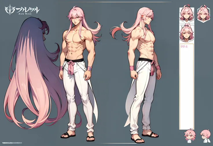 1boy, single, asian boy, reference sheet, man tall. character design, front angle, side angle, rear angle, dynamic poses, (masterpiece:1.2), (best quality:1.3), fantasy outfit, muscle body, athletic muscle body. (Pink eyes), (long hair), (long bangs), (pin...