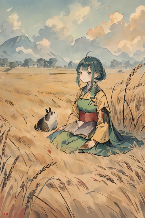 Guinea pigs in a wheat field, In the style of Jean Young, Marjorie Miller, James Hause,Chinese tradition, Yellow and crimson, Movie stills 50d, Storybook illustration - AR 25:54 --g 2 green wheat fields, Full solar term, 2D illustration style, In the style...