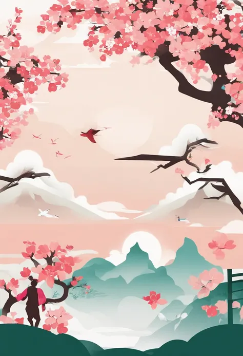 Spring，Spring flowers，chinese traditional architecture，，A woman wears Hanfu，Landscape of people，（There is in the upper left corner（Spring）The Chinese characters，Microsoft Yahei）