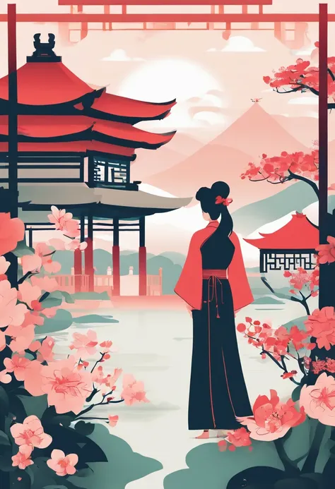 Spring，Spring flowers，chinese traditional architecture，，A woman wears Hanfu，Landscape of people，（There is in the upper left corner（Spring）The Chinese characters，Microsoft Yahei）