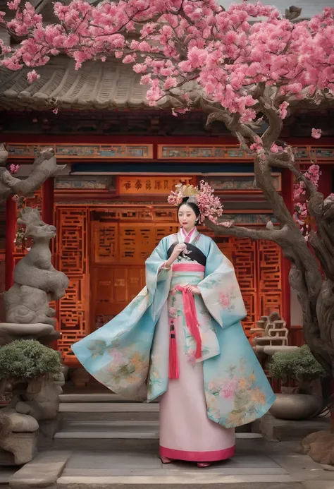 Spring，Spring flowers，chinese traditional architecture，，A woman wears Hanfu，Landscape of people，（There is in the upper left corner（Spring）The Chinese characters，Microsoft Yahei）