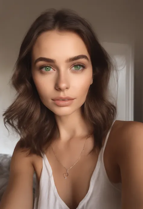 arafed woman with a white tank top and a necklace, sexy girl with green eyes, portrait sophie mudd, brown hair and large eyes, selfie of a young woman, bedroom eyes, violet myers, without makeup, natural makeup, looking directly at the camera, face with ar...