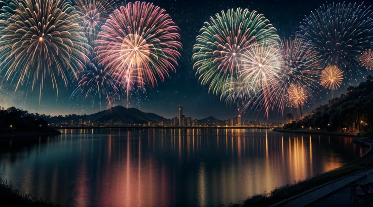 a photorealistic image of the night scene of a fireworks show over a city at night, Fireworks being reflected in the river, Photorealistic display of fireworks (melhores detalhes, master part, best quality), Hit detailed urban background at night, Cena int...