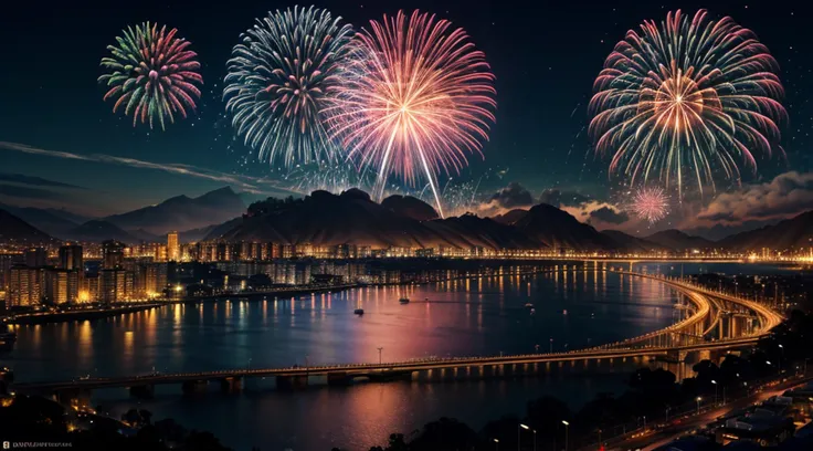 a photorealistic image of the night scene of a fireworks show over a city at night, Fireworks being reflected in the river, Photorealistic display of fireworks (melhores detalhes, master part, best quality), Hit detailed urban background at night, Cena int...