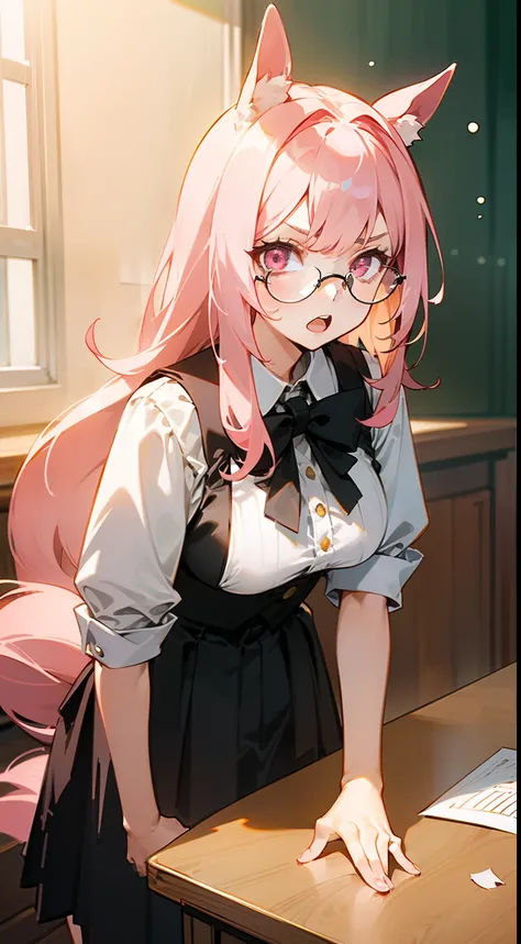 1girl,20s,solo,serious face,white school shirt,black scholl skirt,medium tits,light pink hair,long hair,pink eyes,horse ears,horse tail,holding paper,leaning forward,open mouth,glasses,(((standing in front of a table full of food in a room))),night