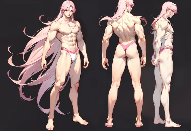 1boy, single, asian boy, reference sheet, character design, front angle, side angle, rear angle, dynamic poses, tall man, (masterpiece:1.2), (best quality:1.3), fantasy outfit, muscle body, athletic muscle body. (Pink eyes), (long hair), (long bangs), (pin...