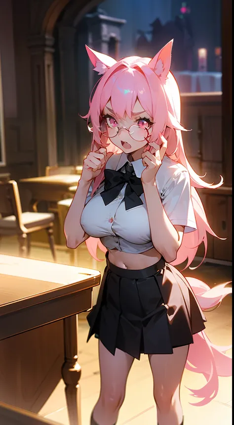 1girl,20s,solo,serious face,white school shirt,black scholl skirt,medium tits,light pink hair,long hair,show navel,pink eyes,horse ears,horse tail,holding paper,leaning forward,open mouth,glasses,(((standing in front of a table in a room))),night