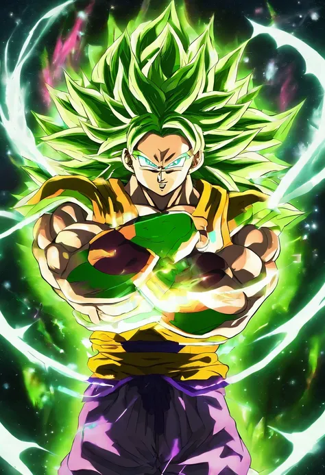 Broly super sayajin 4, pelagem verde florescente,olhos brancos, aura florescente, 4k , Antarctic Background 4K