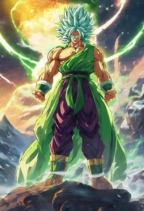 Broly Super Sayajin 4, pelagem verde florescente,olhos brancos, aura florescente, 4k , Antarctic Background 4K