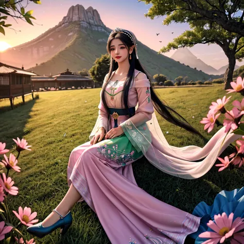 a girl, 28 anos, alto, Shes like a fairy in the mortal world, elegante e temperamental. Her clothes were made of silk and dyed a soft pink color to match the glow of the sky. The dress has intricate embroidery of flowers and birds, mostrando seu gosto eleg...