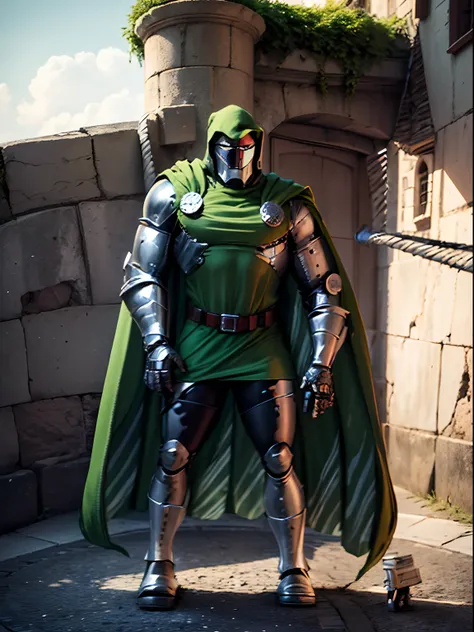 masterpiece, high detailed images, high quality images, um desenho realista de um homem em armadura, capuz verde, Gleaming steel arms and legs in a castle with castle towers in the background,  Cyborg Dr Doom in gleaming steel armor, inspirado por Hal Fost...