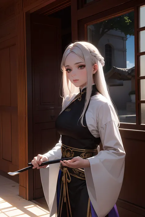 Beldade de cabelos longos sedosos, cabelos negros, olhos astutos, usando uma roupa sensual hunfa antiga Wuxia, voluptuosa fisicamente, athletic size, roupas cor violeta, holding with one hand a Wu Dang sword,at first standing in front of an old mansion (ce...