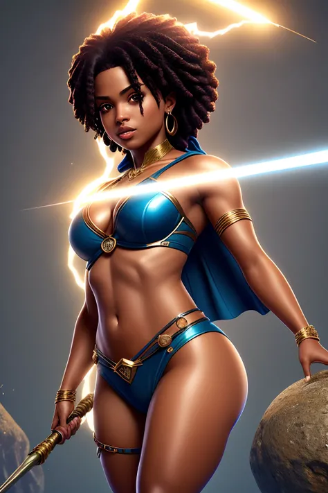 Uma mulher Moreno, de cabelo afro cabelo caindo para frente, Rasta type but braided, holding a spear in, Shape Dana spearhead informs of a , e um escudo em forma de ,, com belos seios corpo perfeito com , a wide thigh is beautiful a woman, com seios lindos...