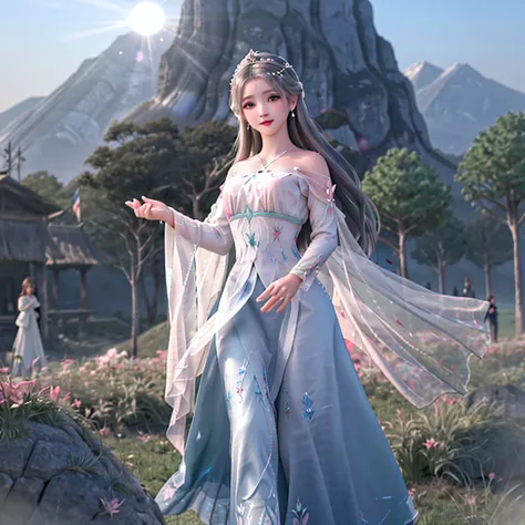 a girl, 28 anos, alto, Shes like a fairy in the mortal world, elegante e temperamental. Her clothes were made of silk and dyed a soft pink color to match the glow of the sky. The dress has intricate embroidery of flowers and birds, mostrando seu gosto eleg...