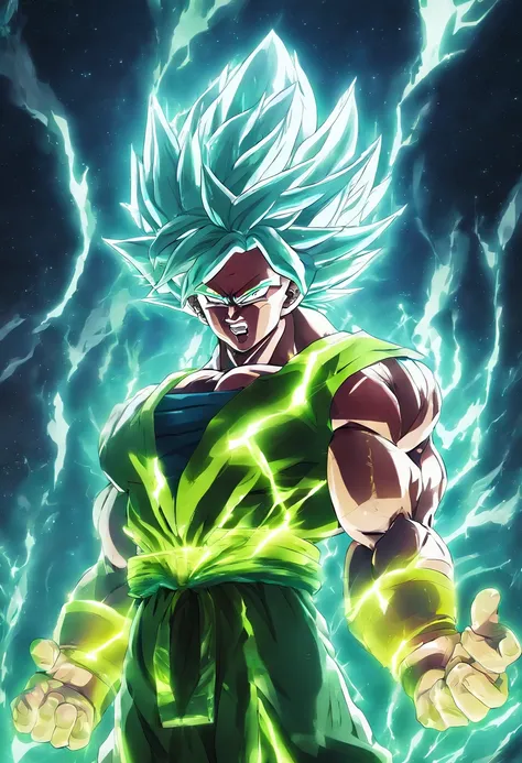 Broly Super Sayajin 4, pelagem verde florescente,olhos brancos, aura florescente, 4k , Antarctic Background 4K, Crisp face in high resolution, obra prima