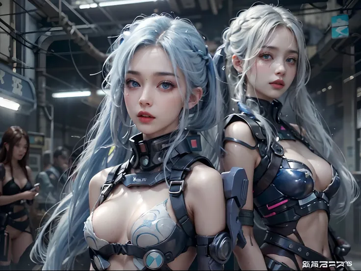 nsfw, 2girls, 1boy with erected penis, ejaculation, cyberpunk, gangbang, reversed gangbang, (masterpiece: 1.4), (8K, realistic, raw photo, best quality: 1.4), nipple areola shape clear, nude, cum, cum on body, twin Japanese girls, beautiful cute face, (rea...
