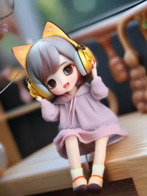 A cute BJD doll sitting on the table, Short hair, Body proportions of the two heads, wearing cat ear headphones, Butt long cat tail, The tail is tied with a bow, silicone skin, Clothing fabric texture realistic, photo-realistic hair, Real hair, Expression ...