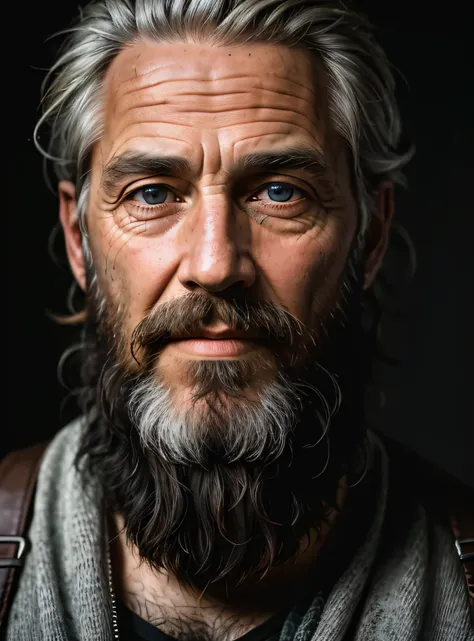 A portrait of adventure, bearded, wrinkled, weathered, with piercing eyes, detailed face, high details, photography, dark studio, rim light, Nikon D850, 50mm, f/1.4