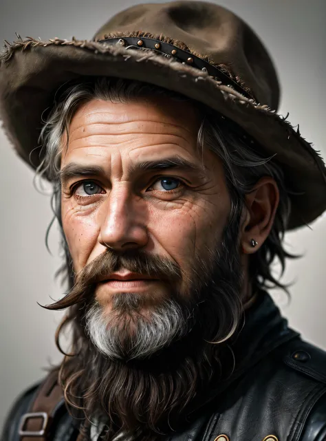 A portrait of adventure, bearded, wrinkled, weathered, with piercing eyes, detailed face, high details, photography, dark studio, rim light, Nikon D850, 50mm, f/1.4