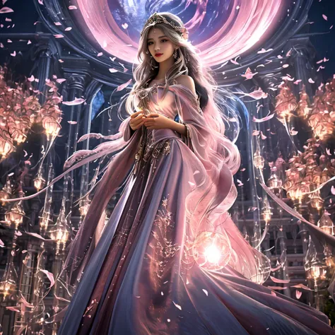 a girl, 28 anos, alto, Shes like a fairy in the mortal world, elegante e temperamental. Her clothes were made of silk and dyed a soft pink color to match the glow of the sky. The dress has intricate embroidery of flowers and birds, mostrando seu gosto eleg...