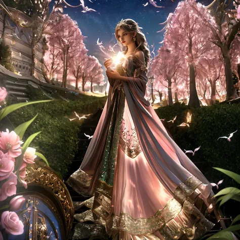 a girl, 28 anos, alto, Shes like a fairy in the mortal world, elegante e temperamental. Her clothes were made of silk and dyed a soft pink color to match the glow of the sky. The dress has intricate embroidery of flowers and birds, mostrando seu gosto eleg...