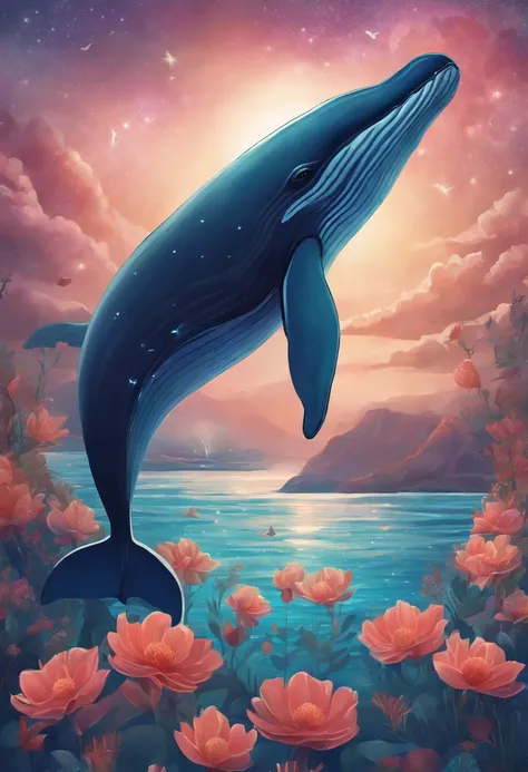 There is a whale with a flower on its head, a beautiful artwork illustration, jen bartel, Inspired by Petros Afshahr, Beautiful digital art, Petros Afshar, Sparkling whales, Whale, Beautiful illustration, Very beautiful digital art, beautiful digital works...