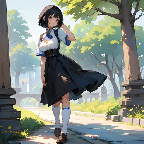 With the best image quality、Teenage girl standing alone outdoors。In high resolution、Beautiful fine details、tranquil atmosphere。((Black Hair Bob Hair))、Cute smile。(((breasts are large)))、I dont have anything in my hands、realistic hand、Medieval European nati...